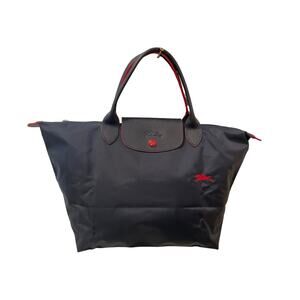 Longchamp Le Pliage Club tote bag navy blue nylon with cherry red trim and Logo